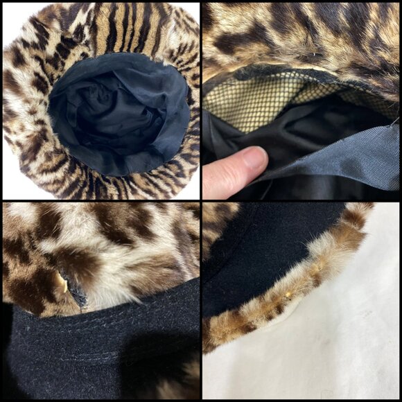 Vintage 60s 70s Fur Hat Leopard spot animal print Cloche bucket felt Winter - Picture 6 of 8